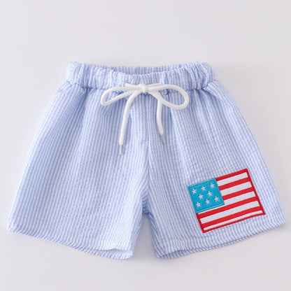 Patriotic Flag Applique Blue Seersucker Boy Swim Trunks - Gibs+Grady