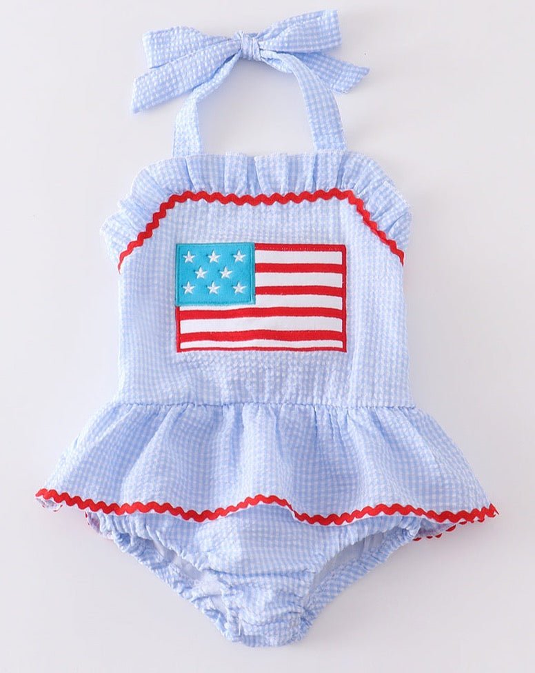 Patriotic Flag Applique Seersucker 1pc Girl Swimsuit - Gibs+Grady