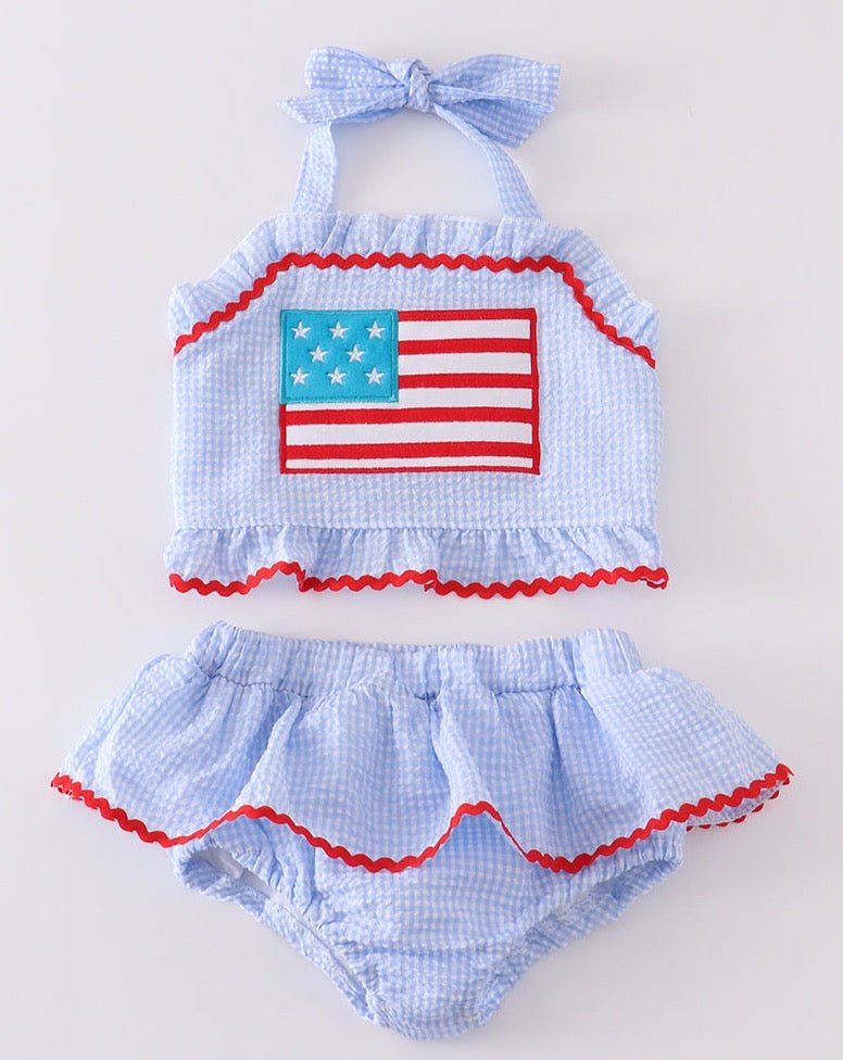 Patriotic Flag Applique Seersucker 2pc Girl Swimsuit - Gibs+Grady