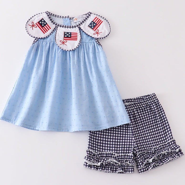 Patriotic Flag Embroidered Blue Swiss Dot Girl Set - Gibs+Grady