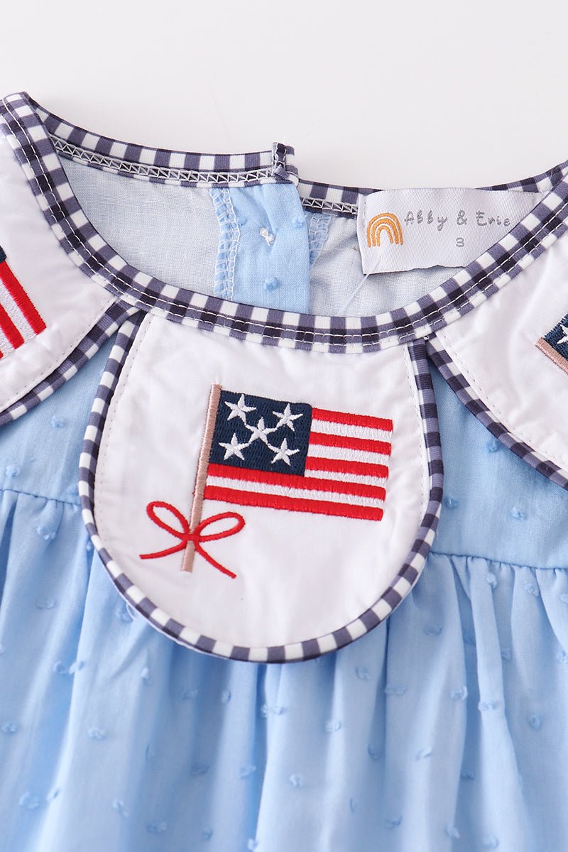 Patriotic Flag Embroidered Blue Swiss Dot Girl Set - Gibs+Grady