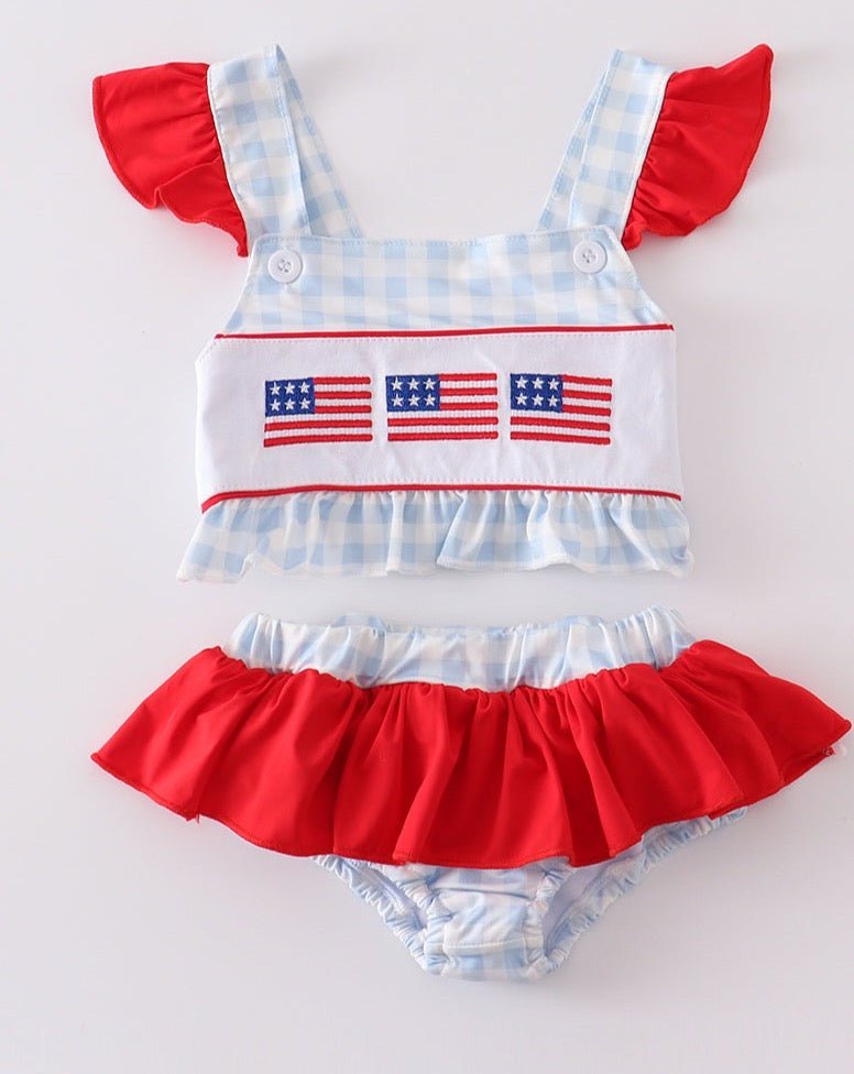 Patriotic Flag Embroidered Plaid 2pc Girl Swimsuit - Gibs+Grady