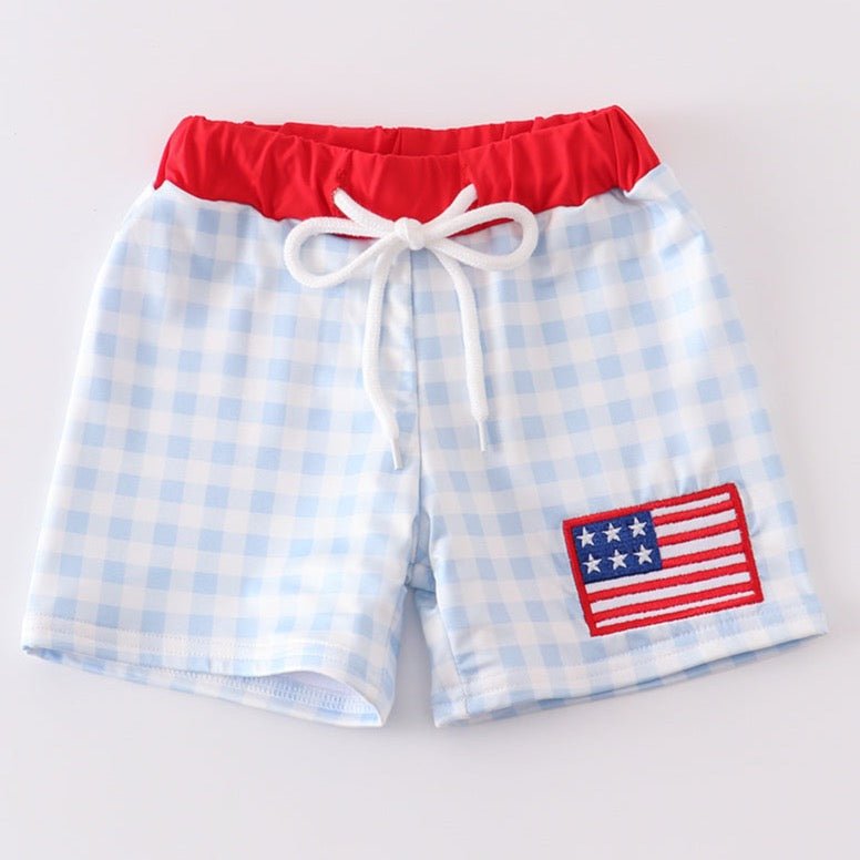 Patriotic Flag Embroidered Plaid Swim Trunks - Gibs+Grady