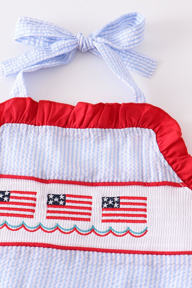 Patriotic Flag Embroidered Smocked Seersucker 2pc Swimsuit - Gibs+Grady