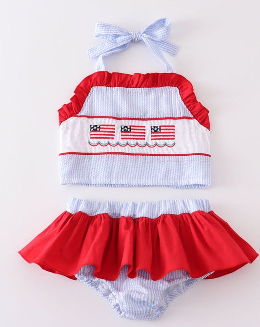 Patriotic Flag Embroidered Smocked Seersucker 2pc Swimsuit - Gibs+Grady