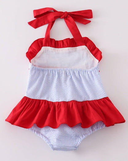 Patriotic Flag Embroidered Smocked Seersucker Swimsuit - Gibs+Grady