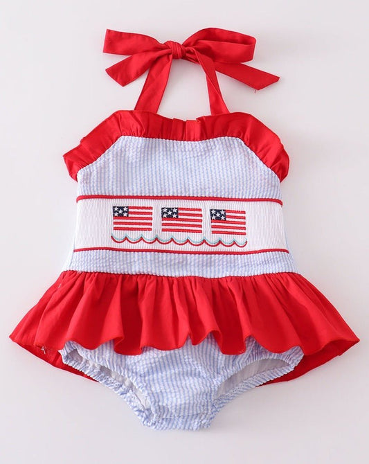 Patriotic Flag Embroidered Smocked Seersucker Swimsuit - Gibs+Grady