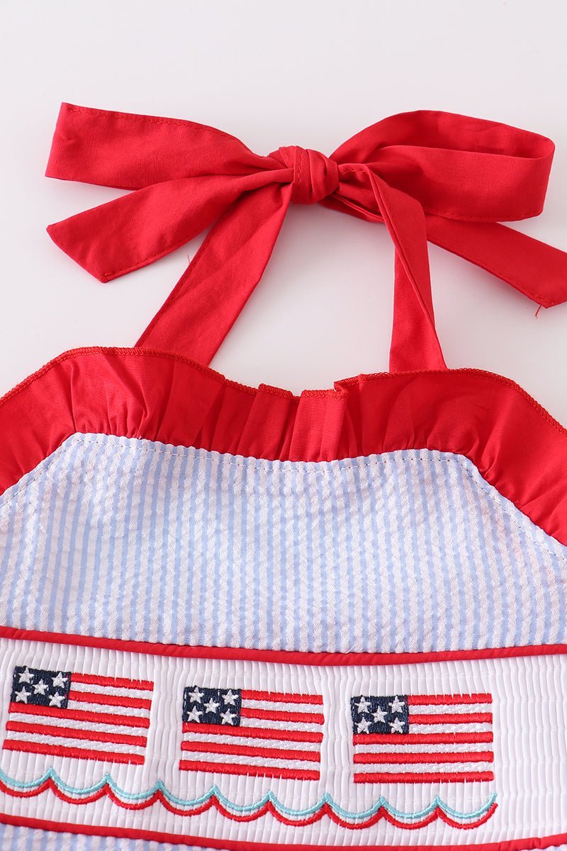 Patriotic Flag Embroidered Smocked Seersucker Swimsuit - Gibs+Grady