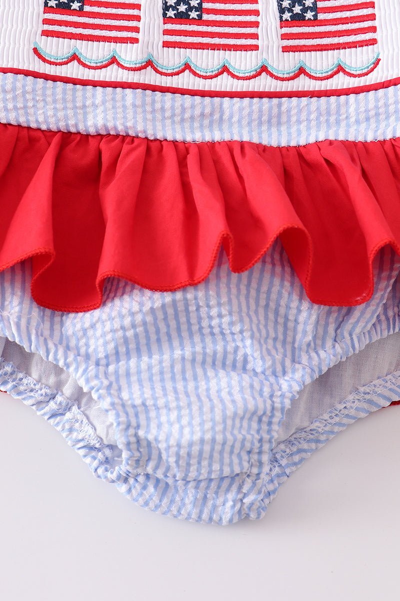 Patriotic Flag Embroidered Smocked Seersucker Swimsuit - Gibs+Grady