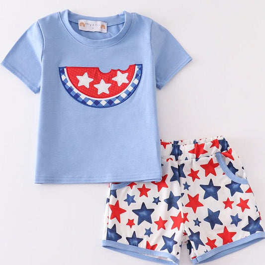 Patriotic Star Print Watermelon Applique Boy Set - Gibs+Grady