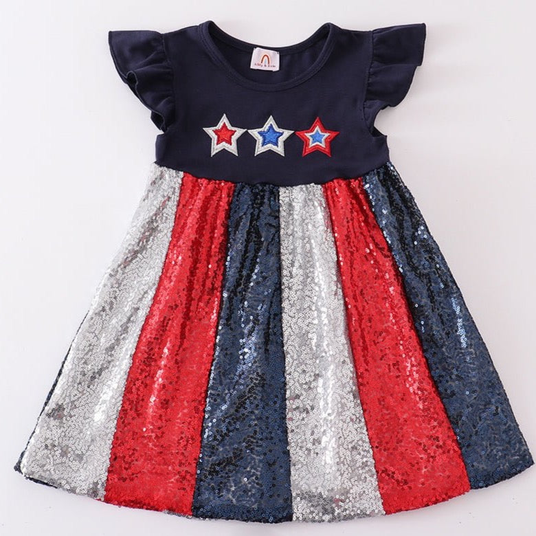 Patriotic Star Sequin Navy Ruffle Dress - Gibs+Grady