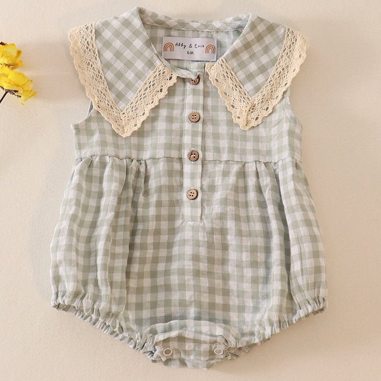 Plaid Linen Button Green Girl Bubble - Gibs+Grady