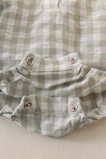 Plaid Linen Button Green Girl Bubble - Gibs+Grady