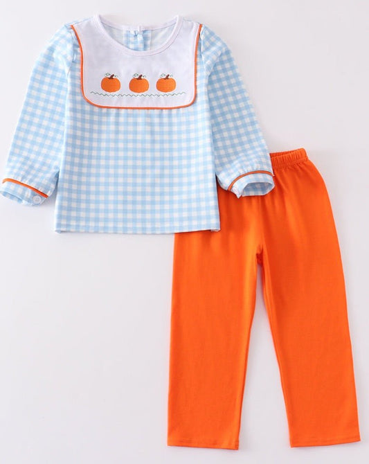 Pumpkin Embroidered Blue Plaid Boy Set - Gibs+Grady