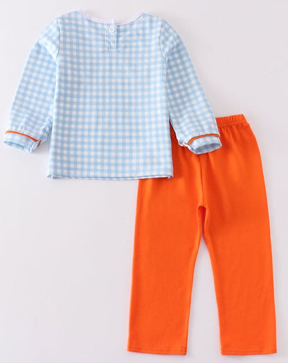 Pumpkin Embroidered Blue Plaid Boy Set - Gibs+Grady