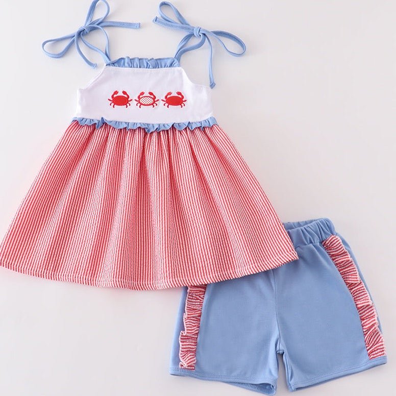 Red Seersucker Crab Applique Girl Set - Gibs+Grady