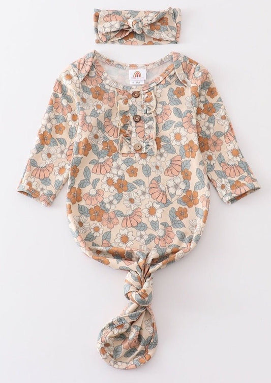 Retro Floral Print Bamboo Baby Gown + Hairband - Gibs+Grady