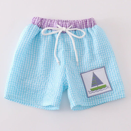 Sailboat Embroidered Aqua Seersucker Swim Trunks - Gibs+Grady