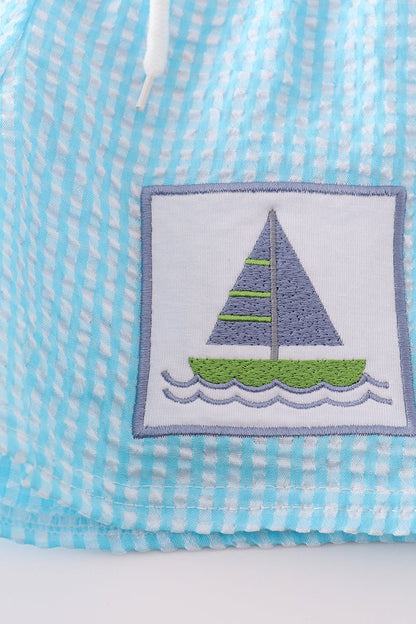 Sailboat Embroidered Aqua Seersucker Swim Trunks - Gibs+Grady