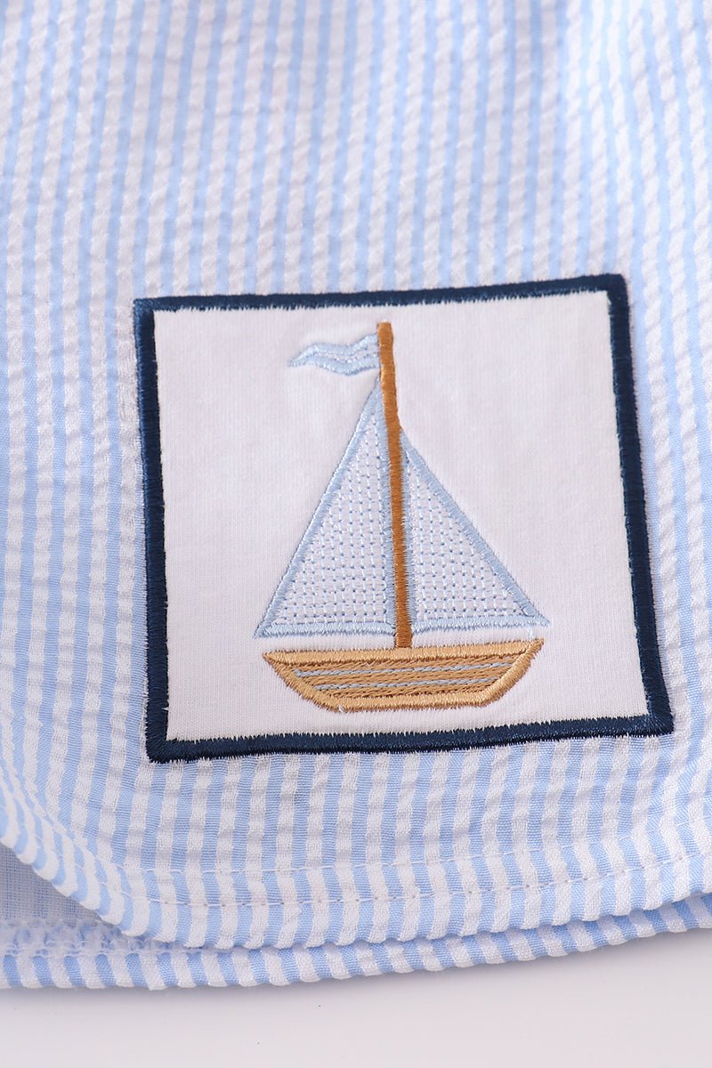 Sailboat Embroidered Blue Seersucker Swim Trunks - Gibs+Grady