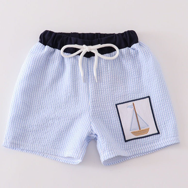 Sailboat Embroidered Blue Seersucker Swim Trunks - Gibs+Grady