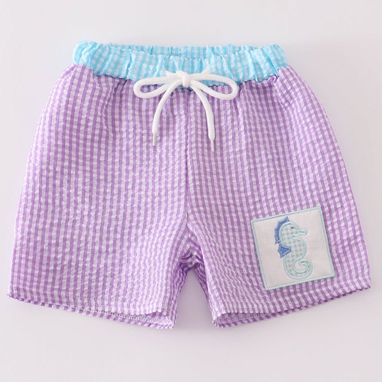 Seahorse Embroidered Purple Seersucker Swim Trunks - Gibs+Grady