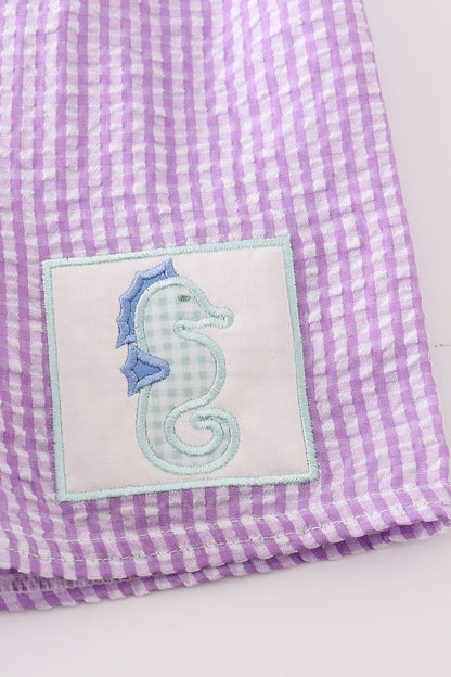 Seahorse Embroidered Purple Seersucker Swim Trunks - Gibs+Grady