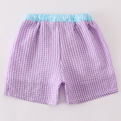 Seahorse Embroidered Purple Seersucker Swim Trunks - Gibs+Grady