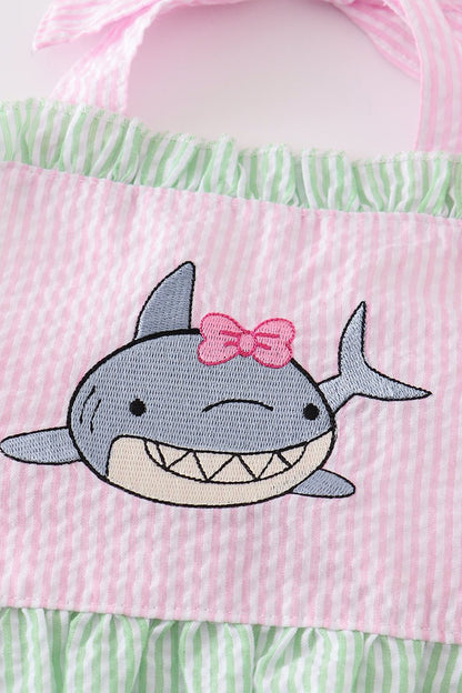 Shark Embroidered Pink Seersucker 2pc Swimsuit - Gibs+Grady