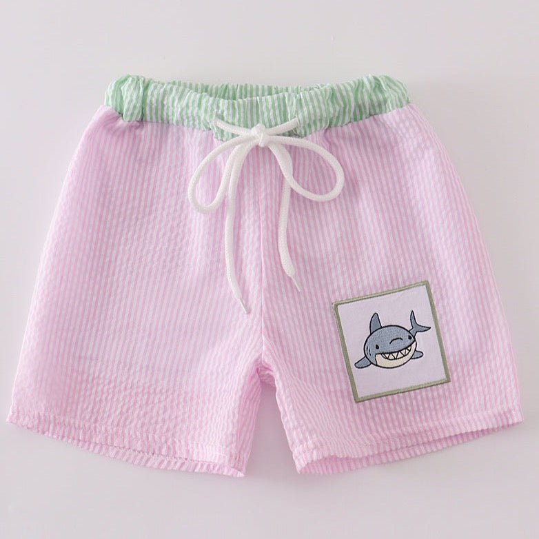 Shark Embroidered Pink Seersucker Swim Trunks - Gibs+Grady