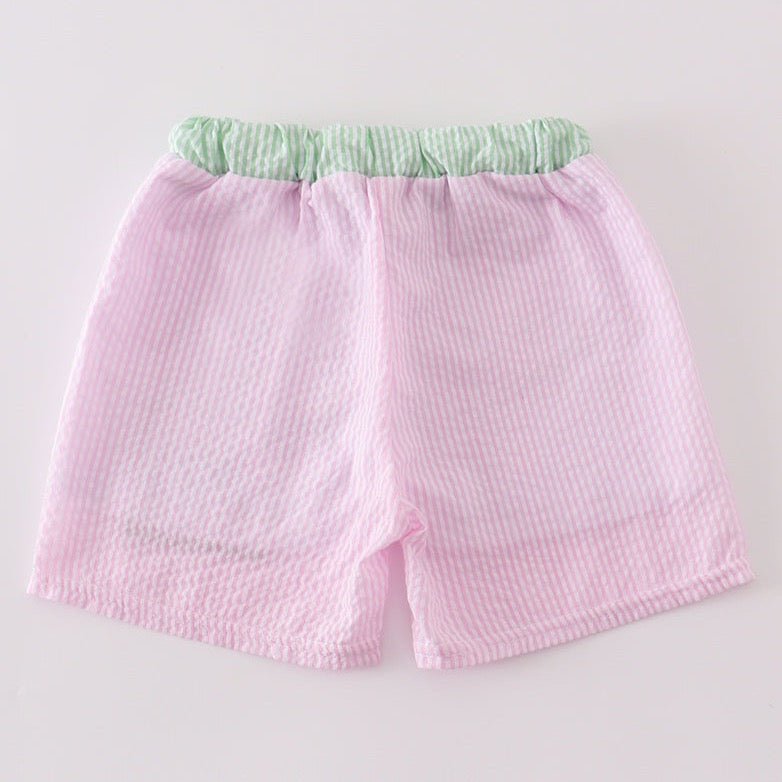 Shark Embroidered Pink Seersucker Swim Trunks - Gibs+Grady