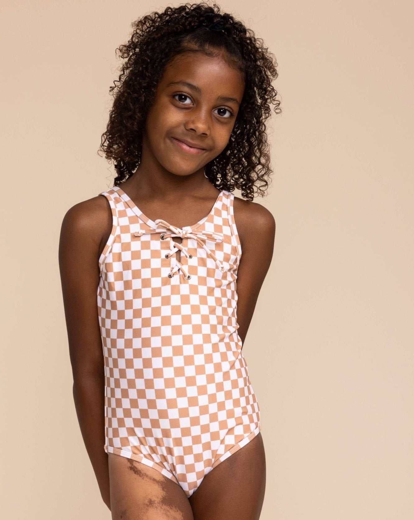 Tan Plaid One Piece Girl Swimsuit - Gibs+Grady