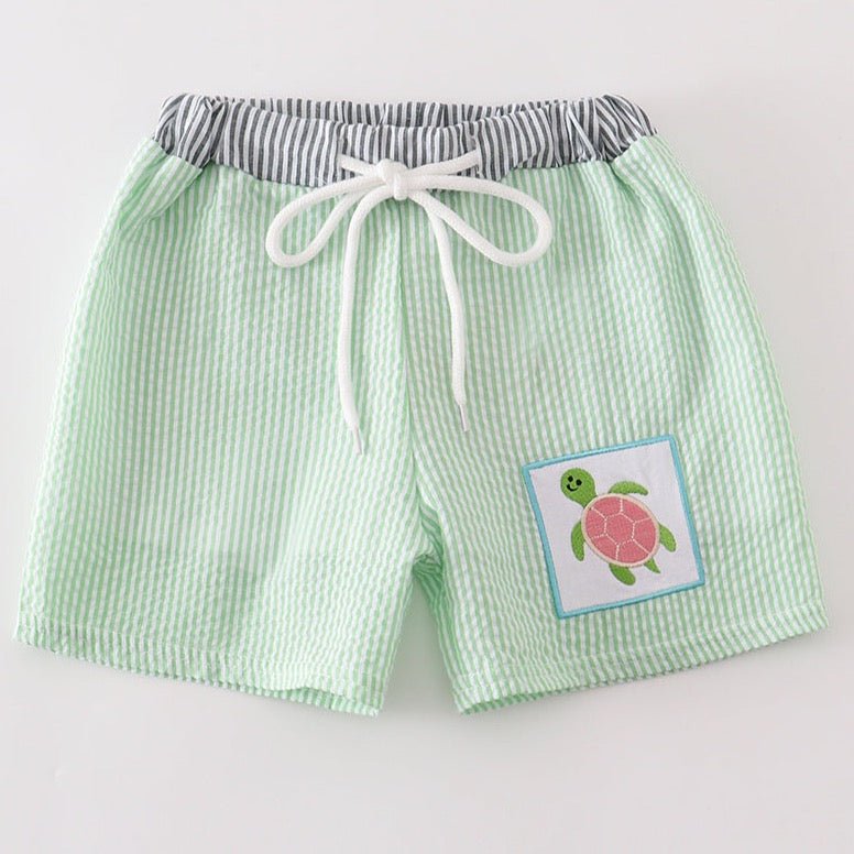 Turtle Embroidered Green Seersucker Boy Trunks - Gibs+Grady