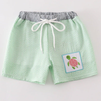 Turtle Embroidered Green Seersucker Boy Trunks - Gibs+Grady