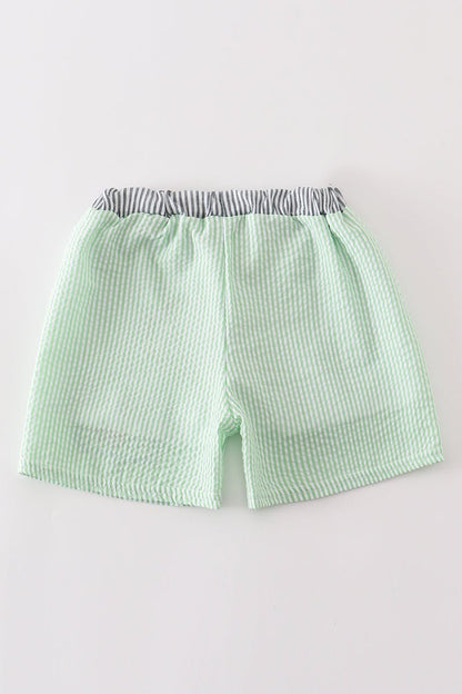 Turtle Embroidered Green Seersucker Boy Trunks - Gibs+Grady