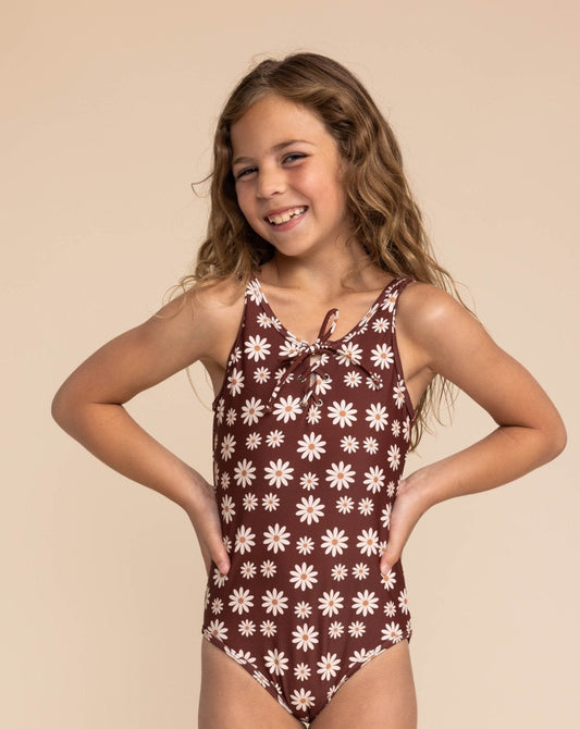 Warm Brown Floral Print One Piece Girl Swimsuit - Gibs+Grady