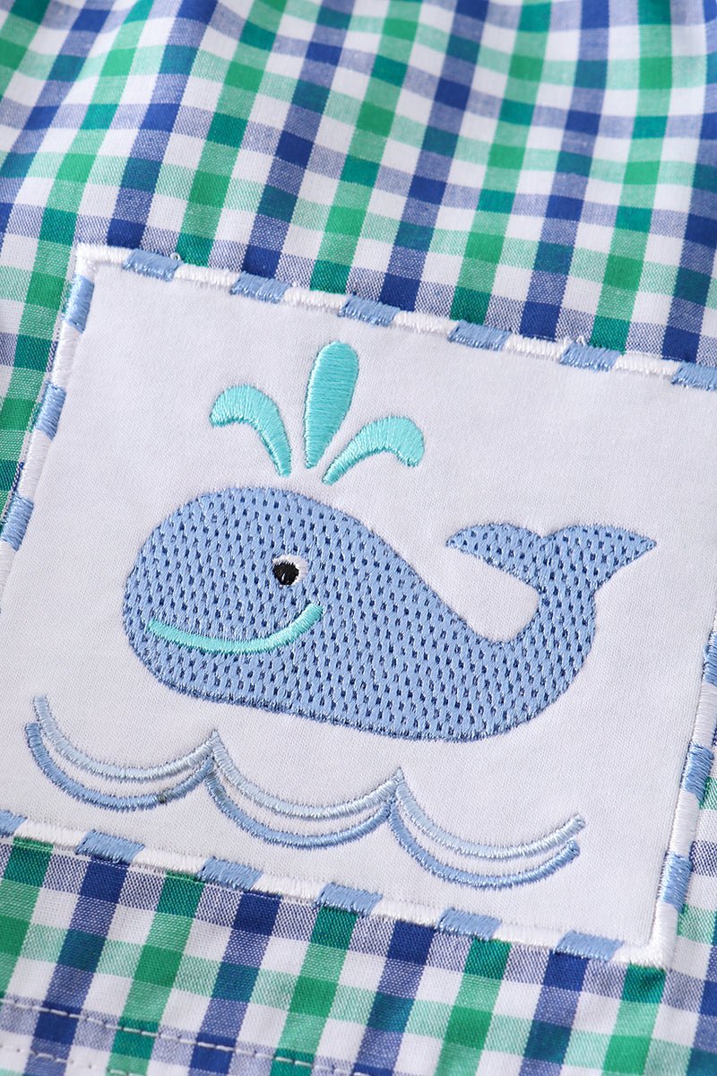 Whale Embroidered Green Plaid Boy Swim Trunks - Gibs+Grady