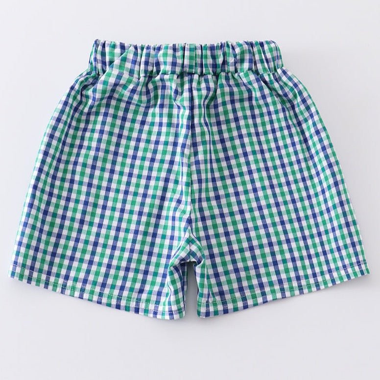 Whale Embroidered Green Plaid Boy Swim Trunks - Gibs+Grady