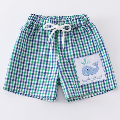 Whale Embroidered Green Plaid Boy Swim Trunks - Gibs+Grady