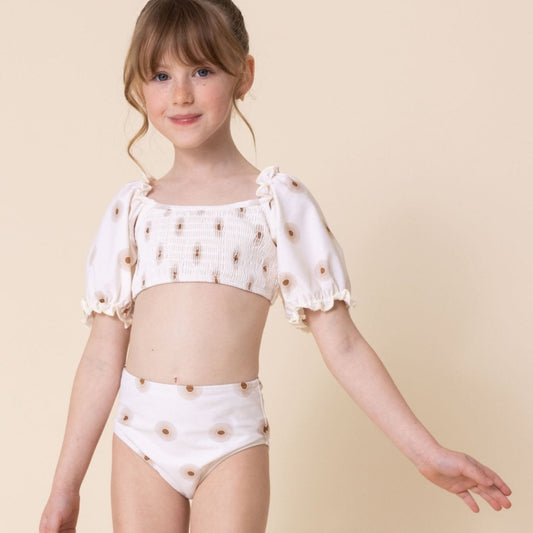 White Floral Print Smocked 2pc Girl Swimsuit - Gibs+Grady