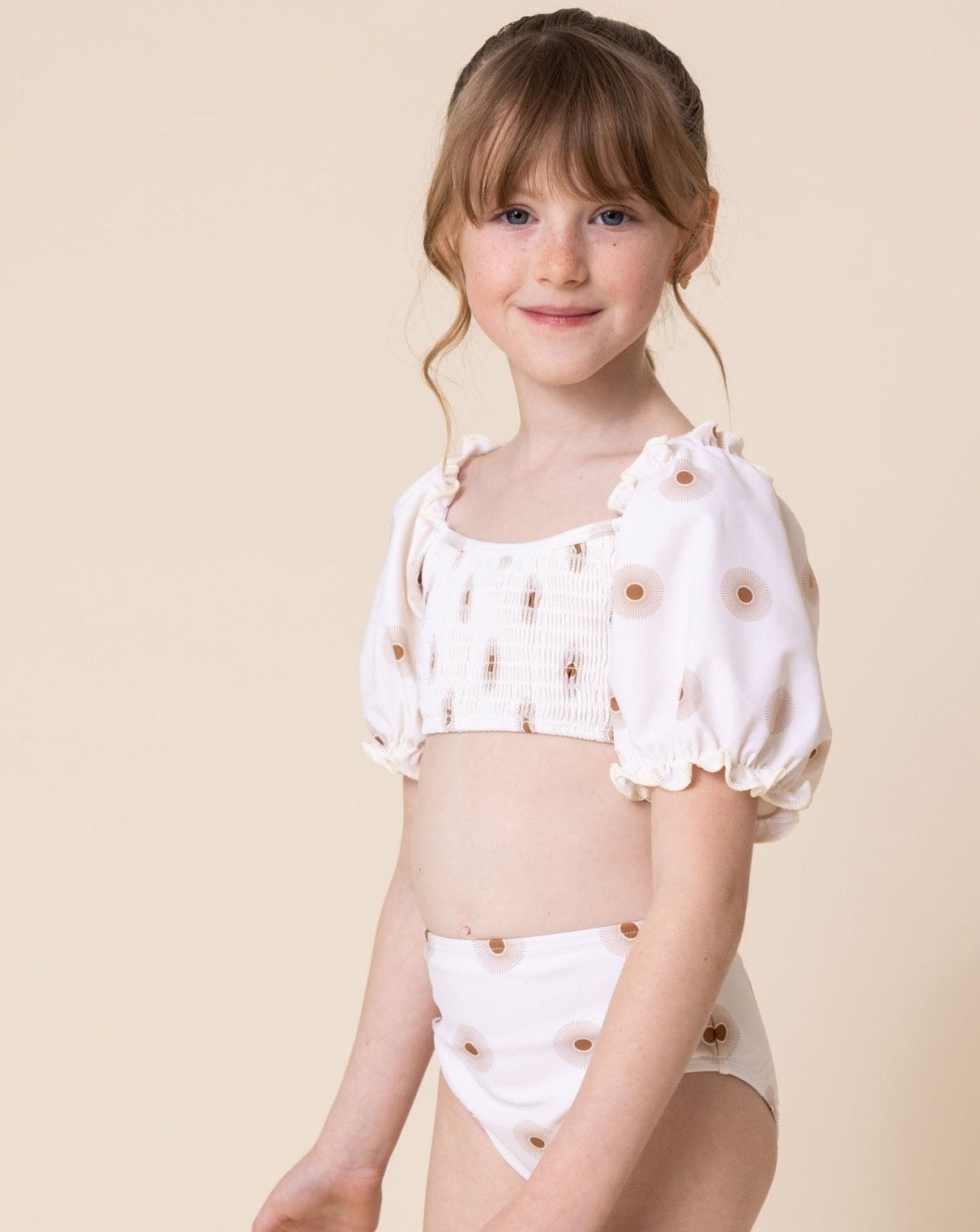 White Floral Print Smocked 2pc Girl Swimsuit - Gibs+Grady